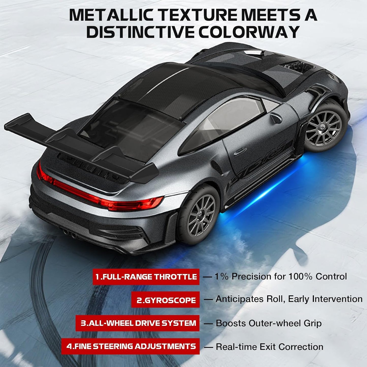 1/43 Scale RC Drift Car, Mini 911 RC Model Car 2.4GHz 4WD RC Alloy D43 Vehicles with Gyro & LED Lights Toys