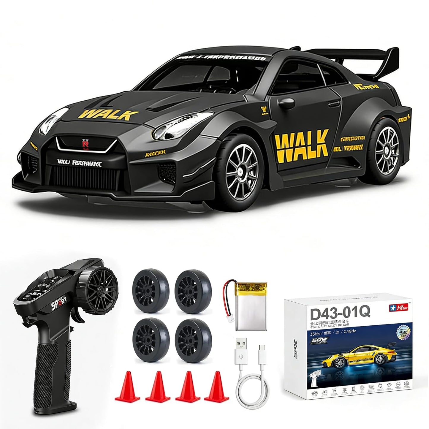 1/43 Scale RC Drift Car, Mini 911 RC Model Car 2.4GHz 4WD RC Alloy D43 Vehicles with Gyro & LED Lights Toys